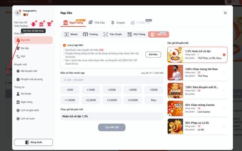 Thao tác nạp và rút tiền trên Min88 với quy trình nhanh gọn